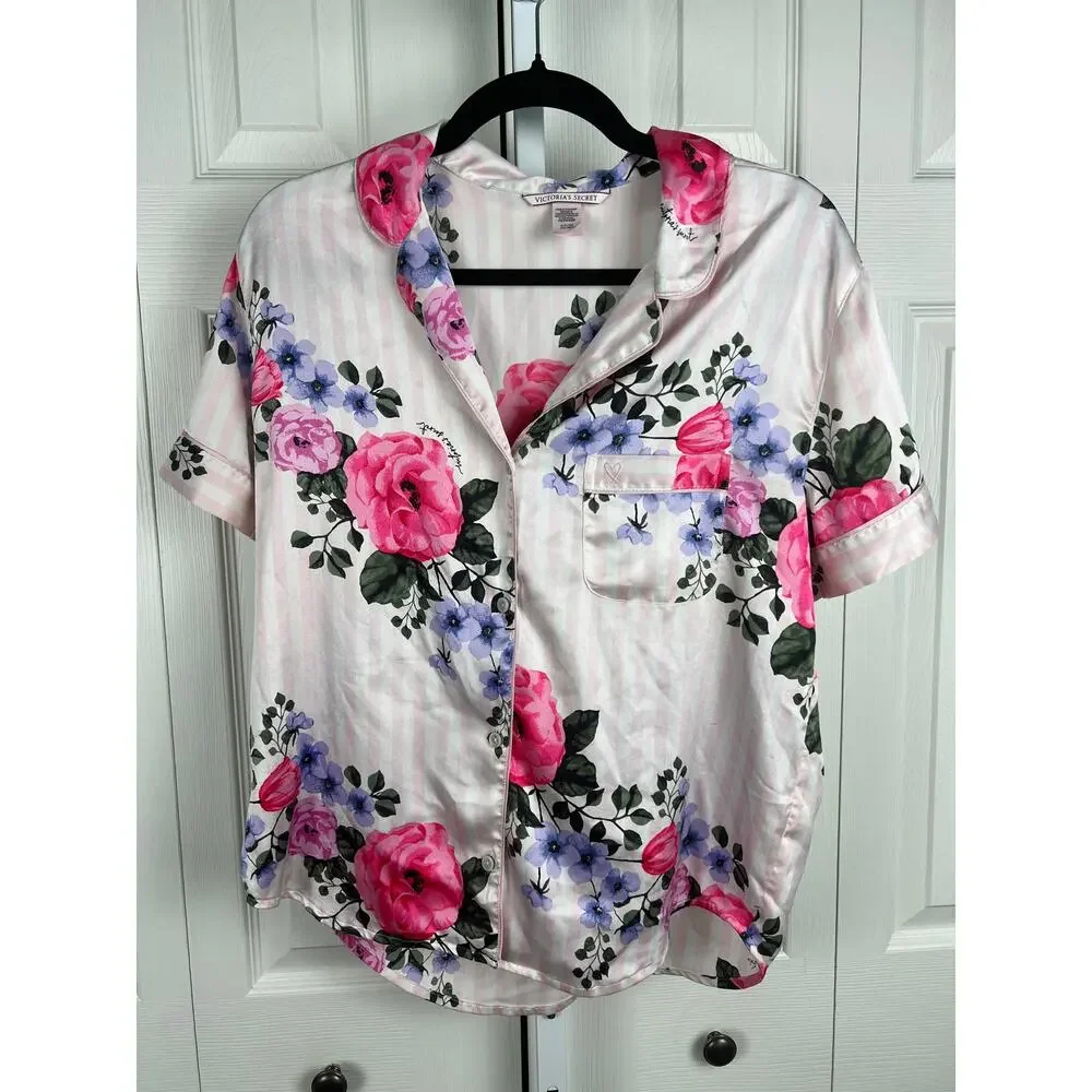 Victoria’s Secret Pink‎ Stripe Floral Satin Pajama Top S